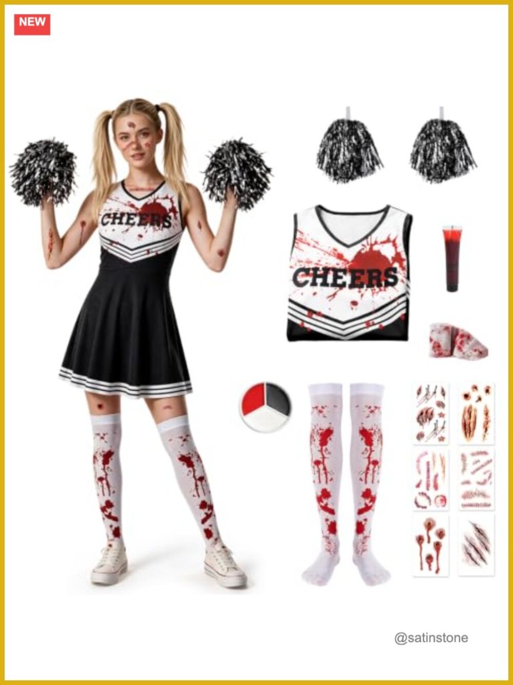 Zombie Cheerleader Costume Women Bloody Halloween Dress Pom Poms Socks